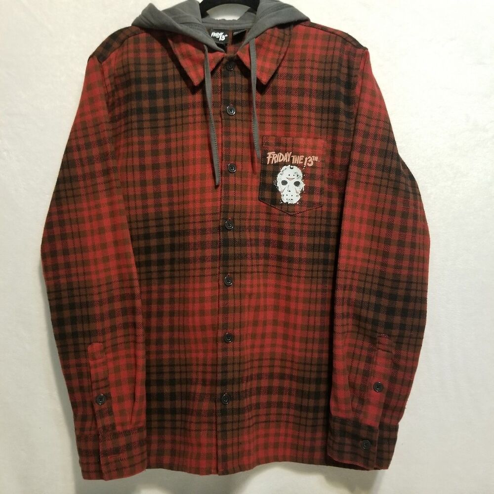 Friday The 13th L Shacket Jacket Jason Mask Hooded Flannel Red Plaid  Outdoors
